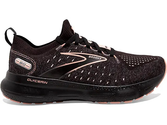 Women's Brooks Glycerin StealthFit 20, Black/Pearl/Peach, 8 B Medium