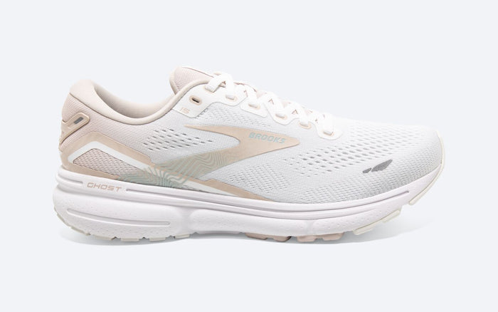 Women's Brooks Ghost 15, White/Crystal Grey/Glass, 7 B Medium