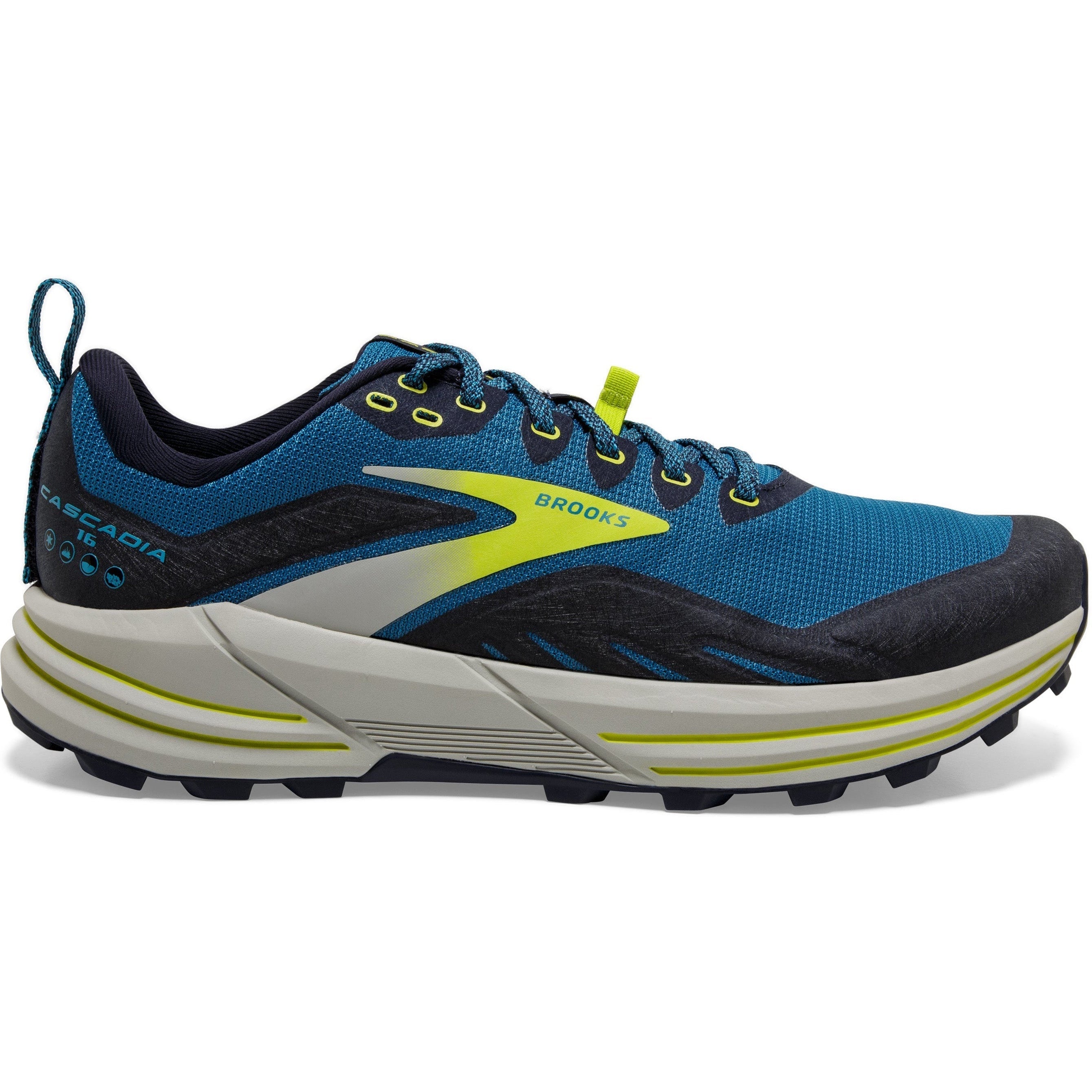 Men's Brooks Cascadia 16, Mykonos Blue/Peacoat/Lime, 9.5 D Medium
