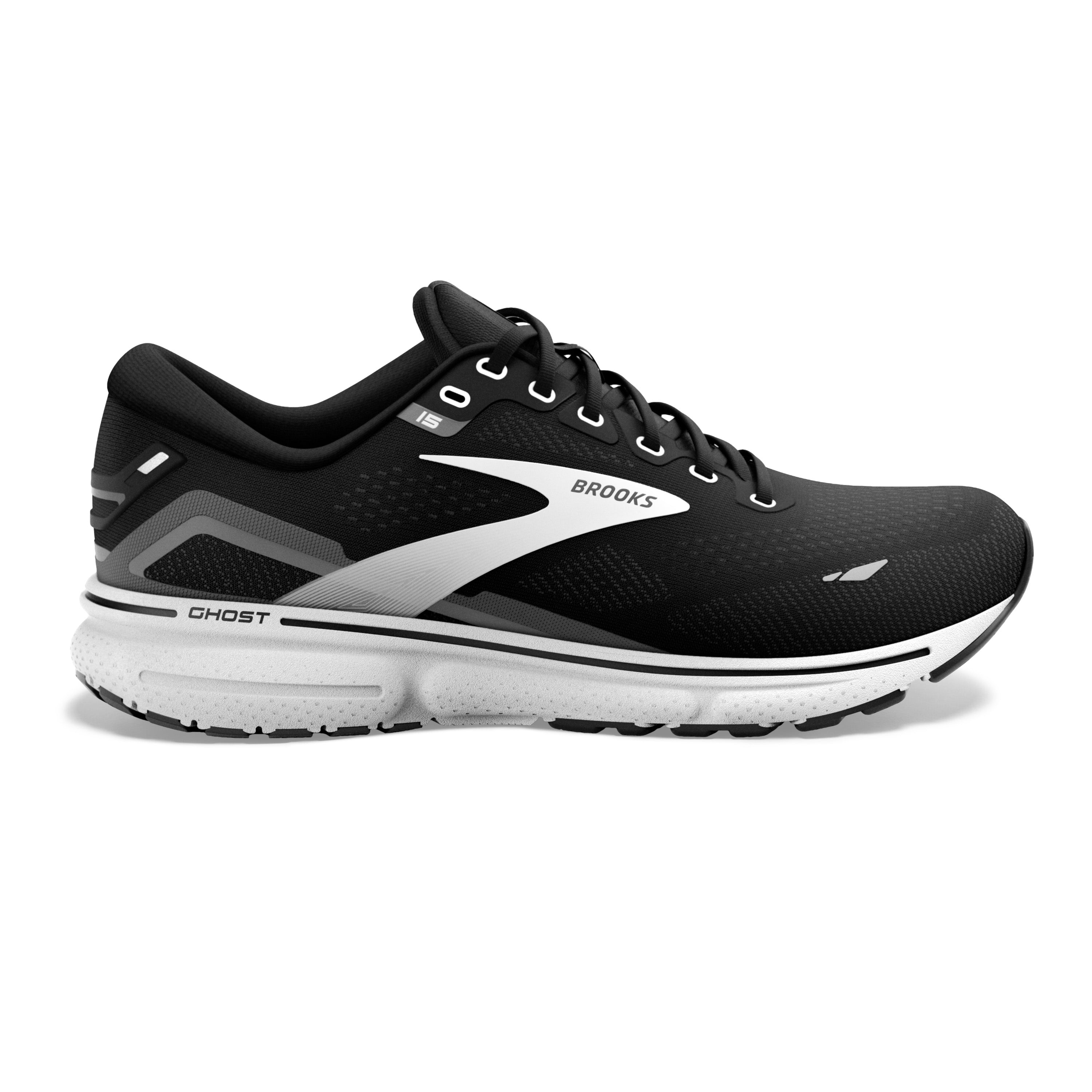 Men's Brooks Ghost 15, Black/Blackened Pearl/White, 9 2E Wide