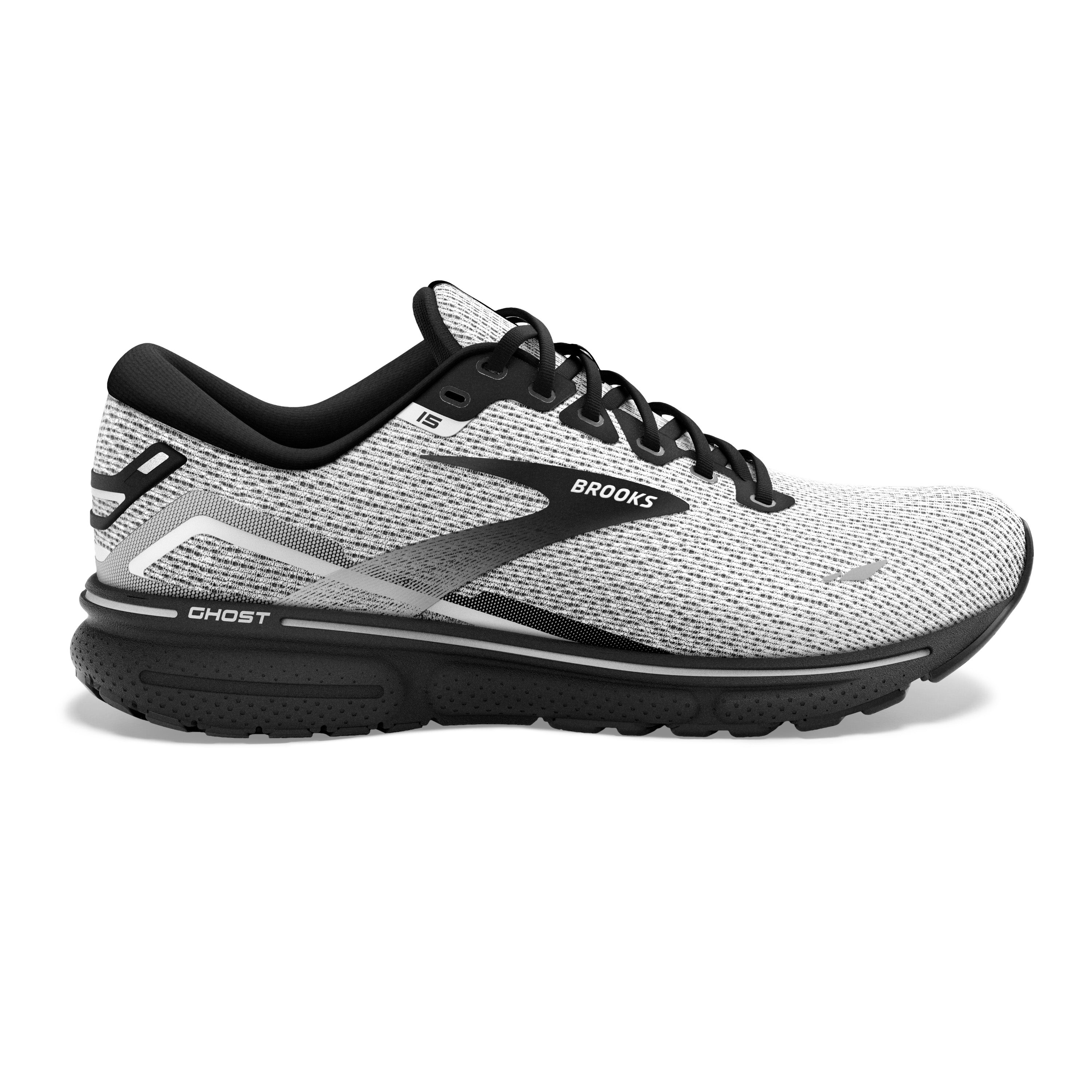 Men's Brooks Ghost 15, White/Black, 15 D Medium