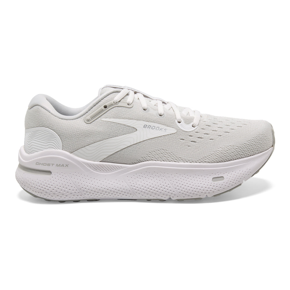 Men's Brooks Ghost Max, White/Oyster/Metallic Silver, 12 D Medium