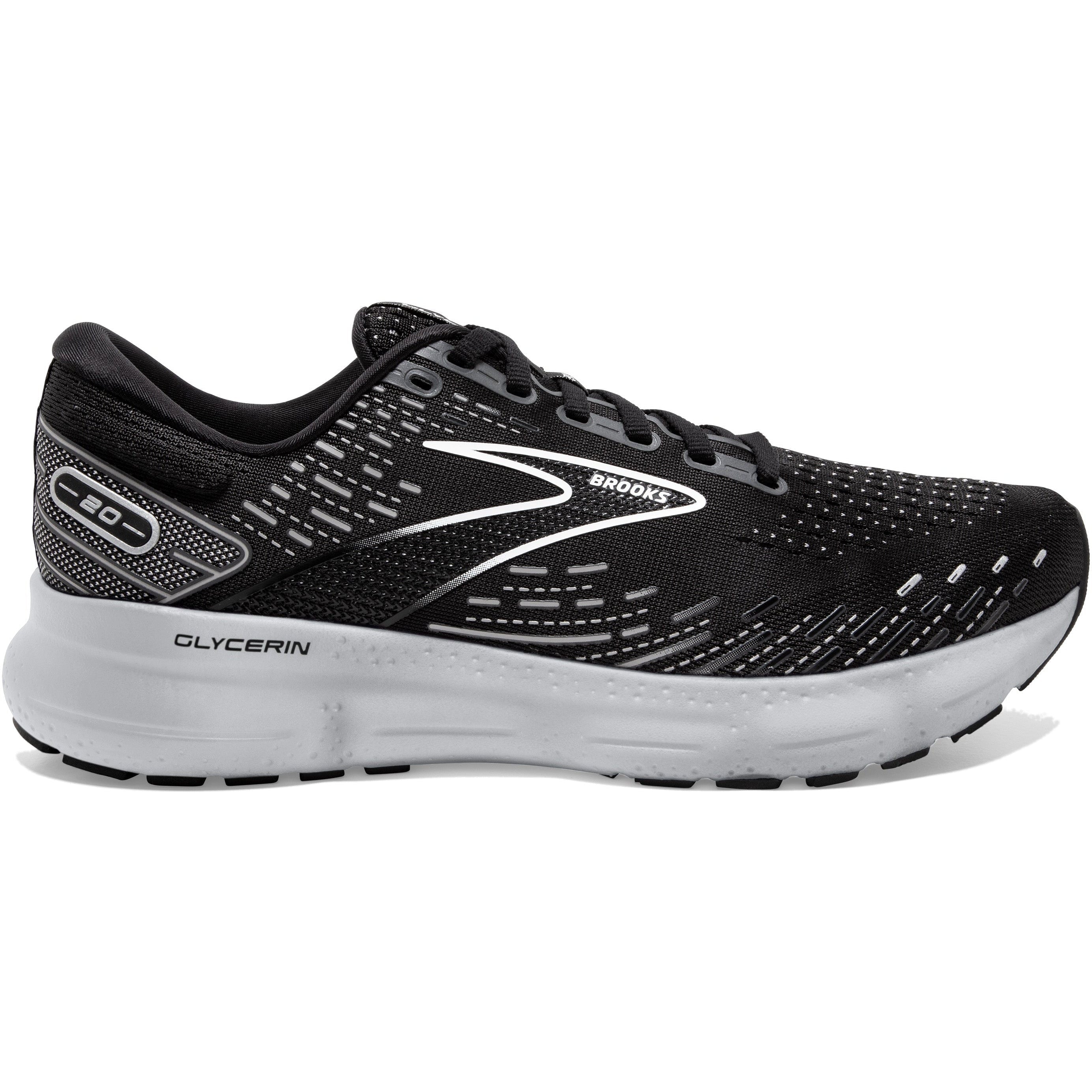 Men's Brooks Glycerin 20, Black/White/Alloy, 8.5 D Medium