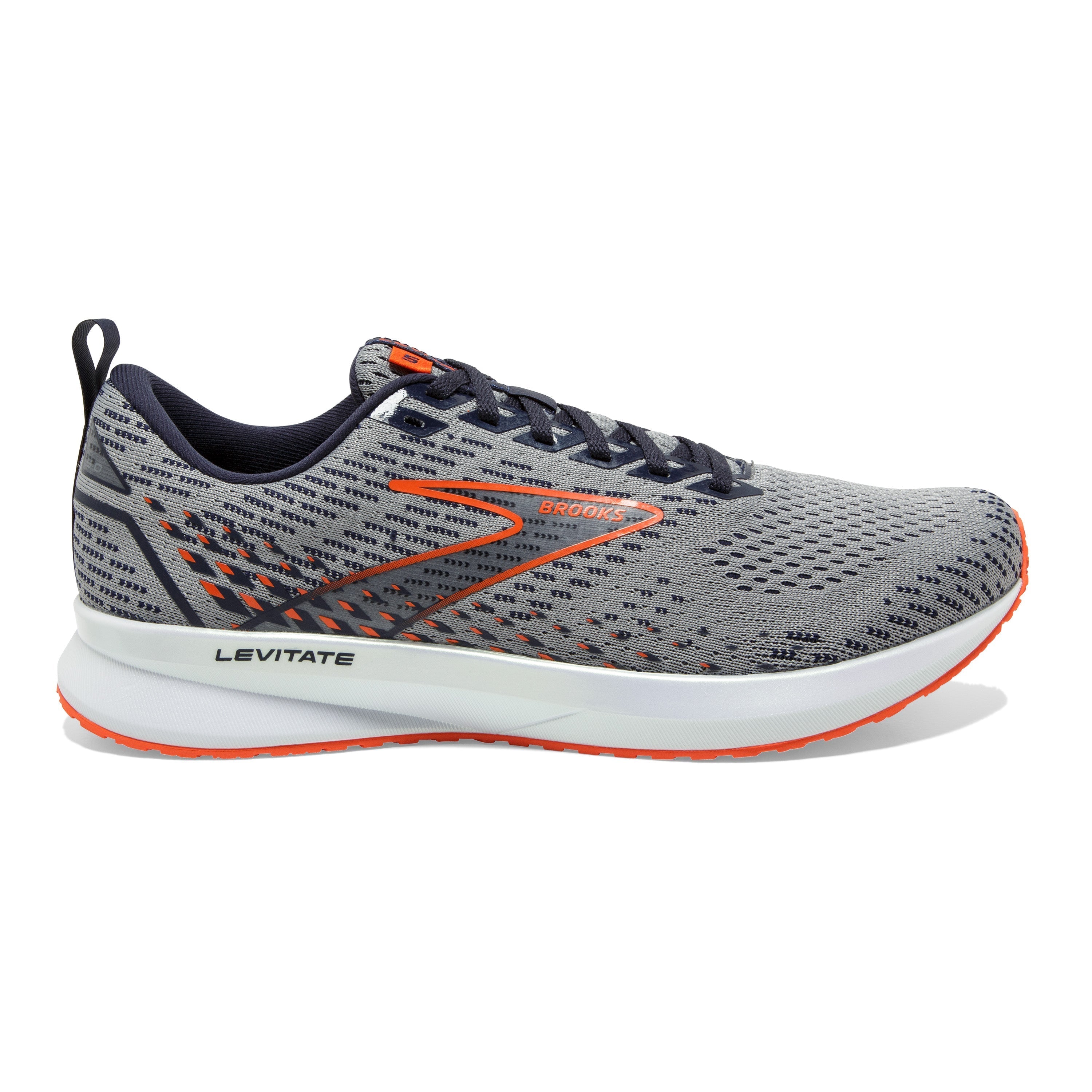 Men's Brooks Levitate 5, Grey/Peacoat/Flame, 11.5 D Medium