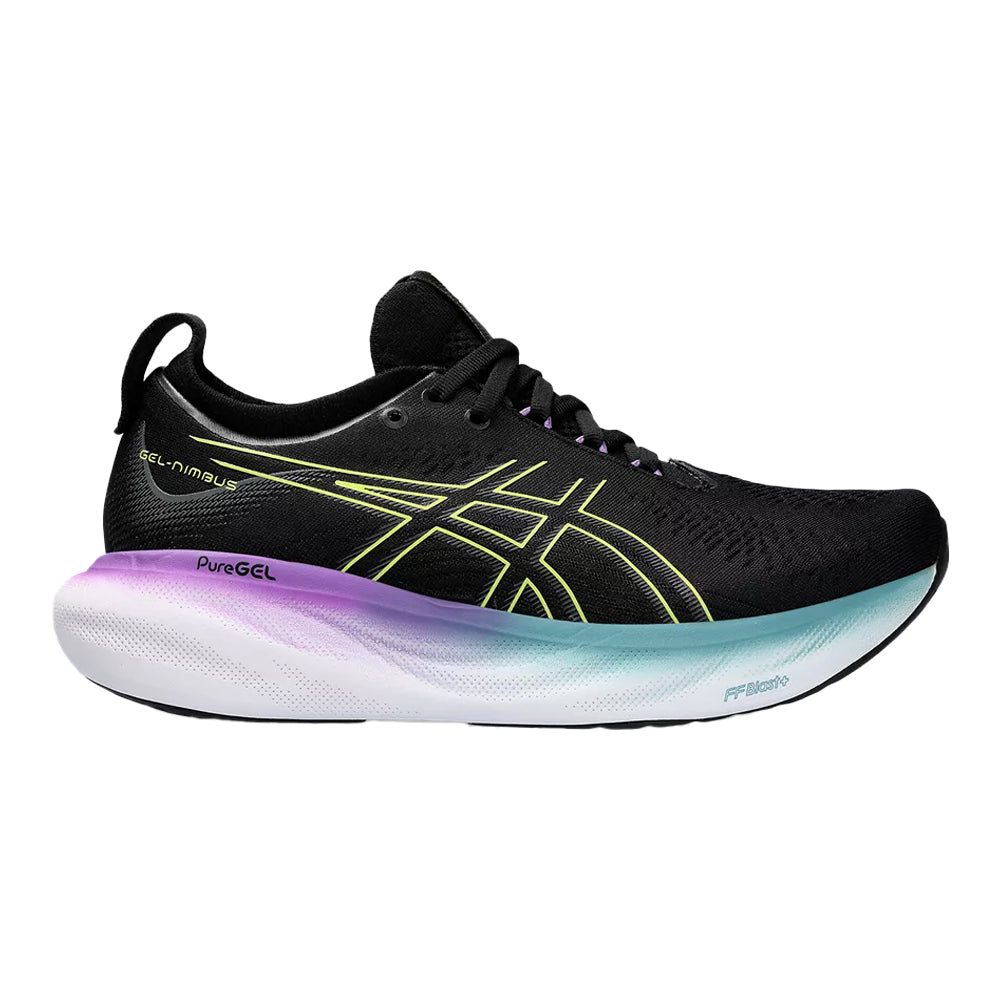 Women's Asics Gel-Nimbus 25, Black/Glow Yellow, 9.5 D Wide