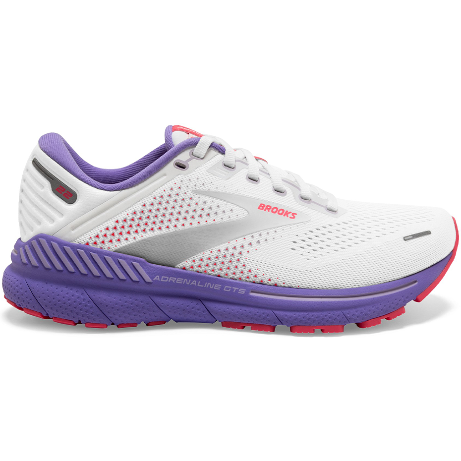 Women's Brooks Adrenaline GTS 22, White/Coral/Purple, 6.5 B Medium