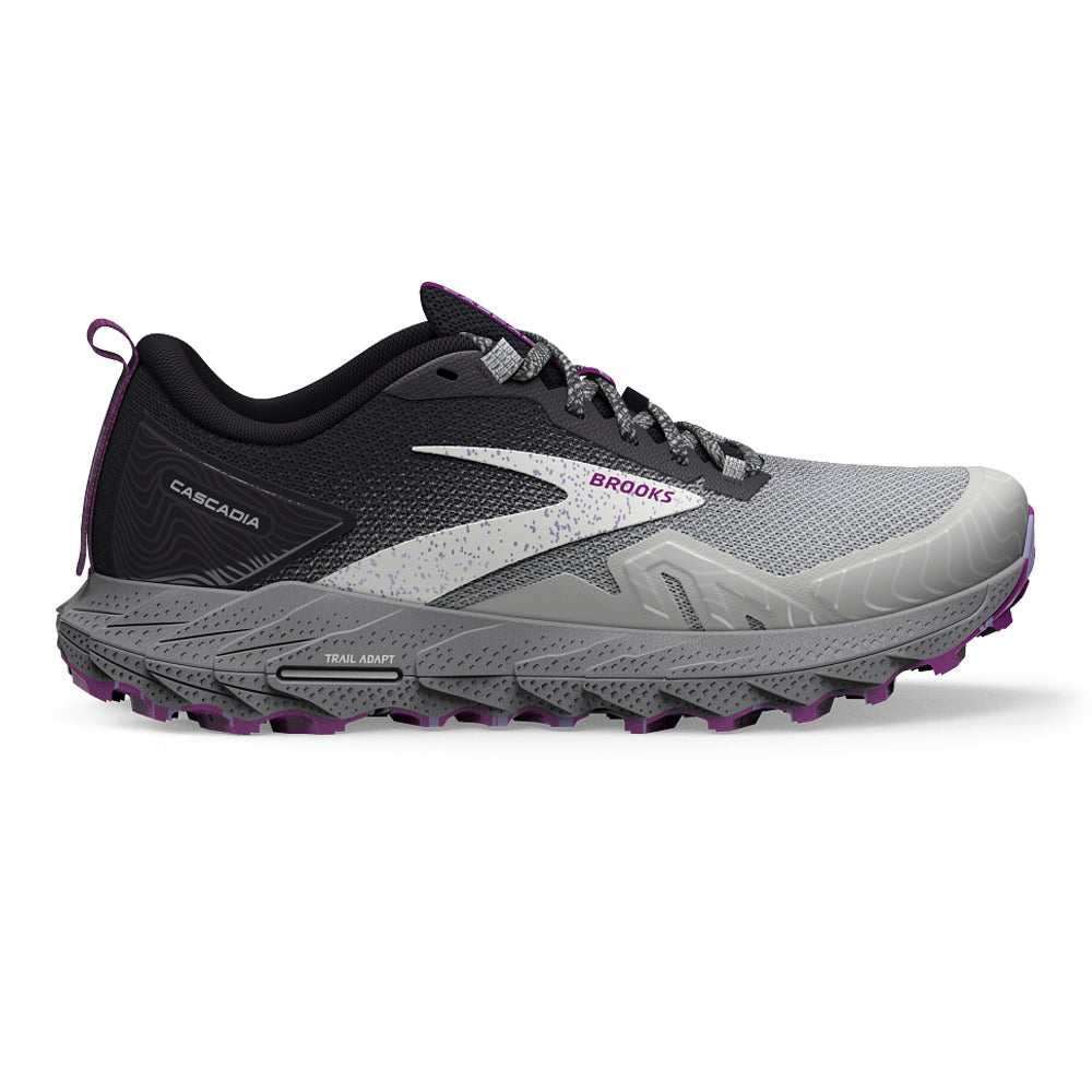 Women's Brooks Cascadia 17, Oyster/Blackened Pearl/Purple, 7.5 D Wide