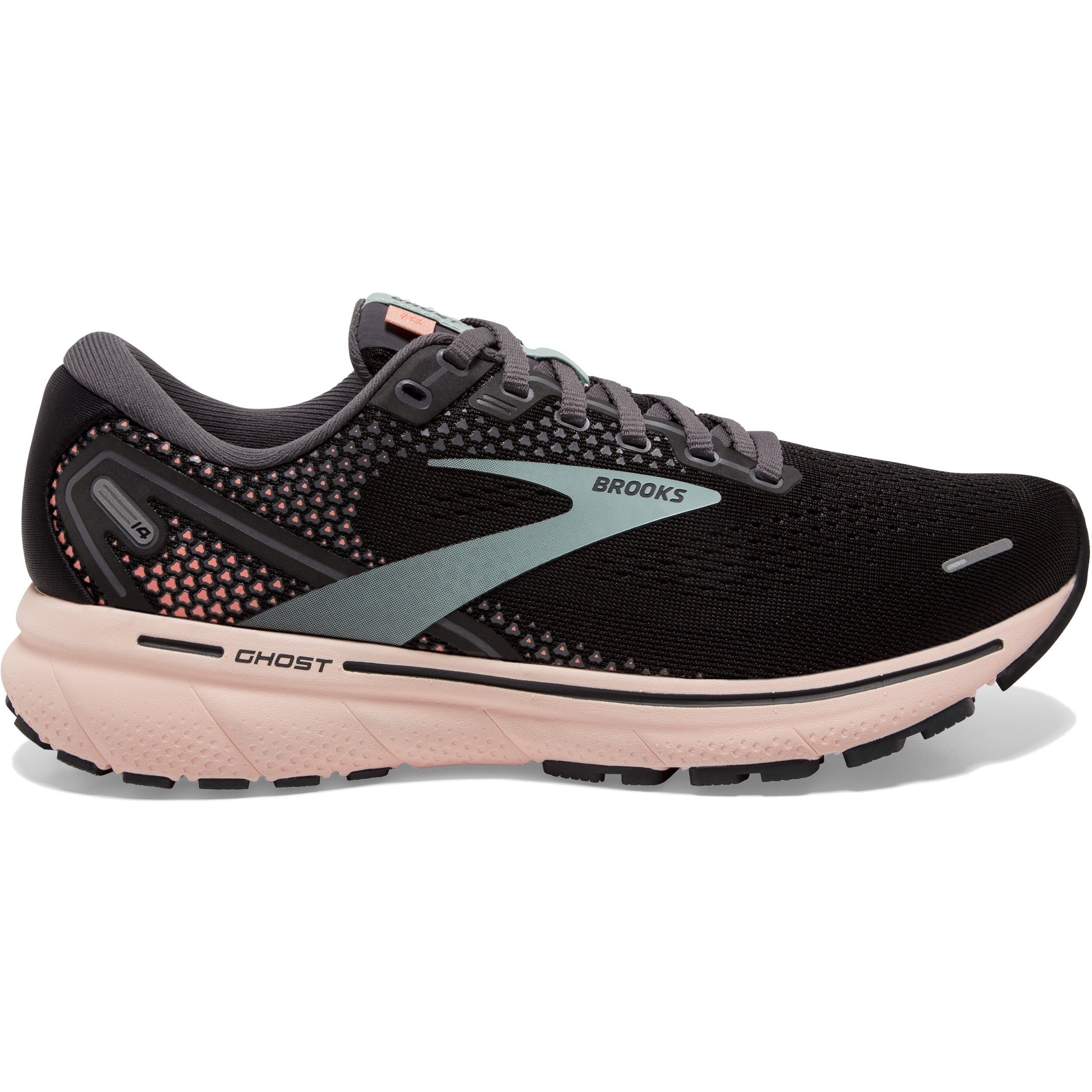 Women's Brooks Ghost 14, Black/Pearl/Peach, 5 B Medium