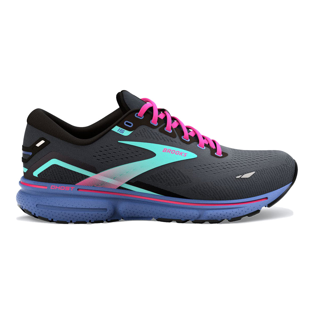 Women's Brooks Ghost 15, Black/Blue/Aruba, 13 B Medium