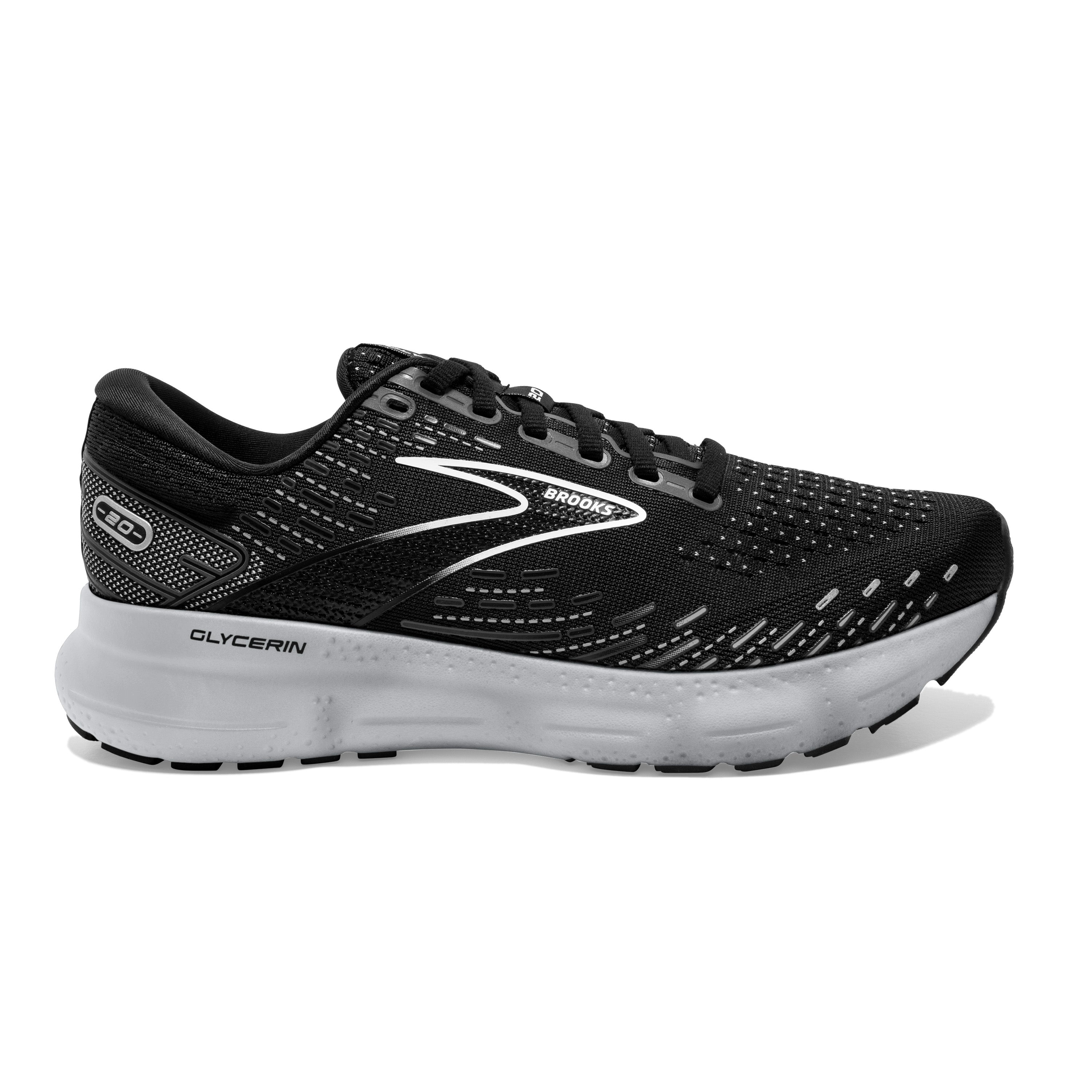 Women's Brooks Glycerin 20, Black/White/Alloy, 12 D Wide