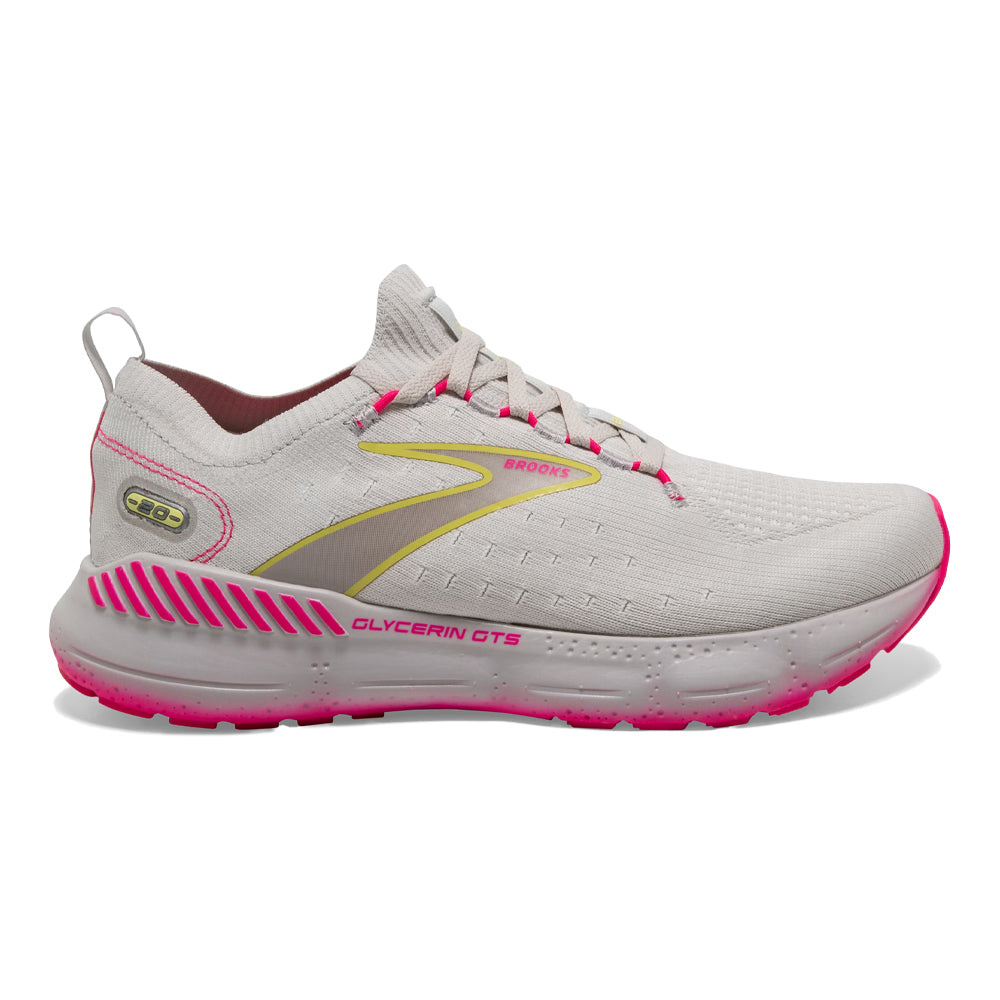 Women's Brooks Glycerin StealthFit GTS 20, Grey/Yellow/Pink, 9.5 B Medium